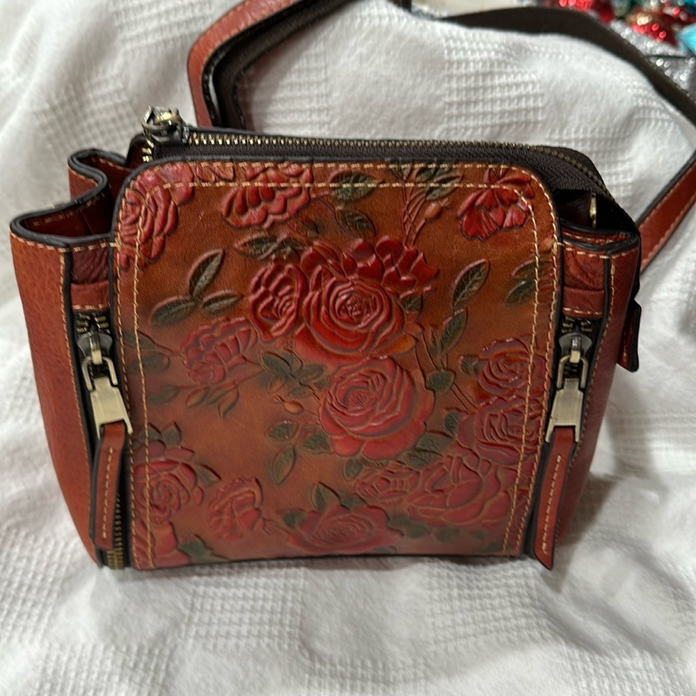 Tooled Leather Painted Handbag With Shoulder & Hand Straps